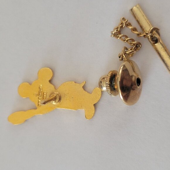 Vintage Disney Mickey Mouse Gold Tone Tie Tack Lapel Pin With Chain & Bar - Picture 4 of 6